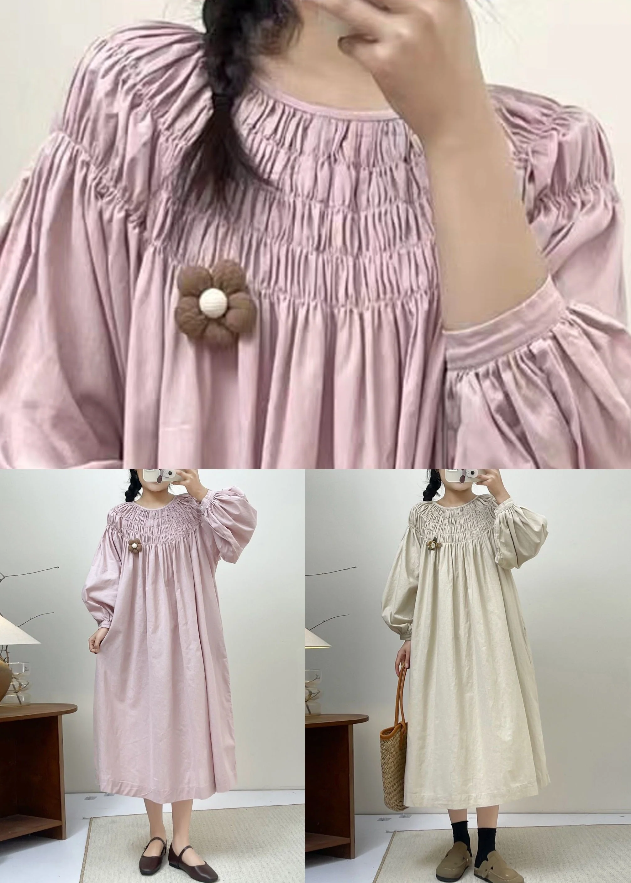 Loose Pink Wrinkled Pockets Cotton Dress Spring - Image 5
