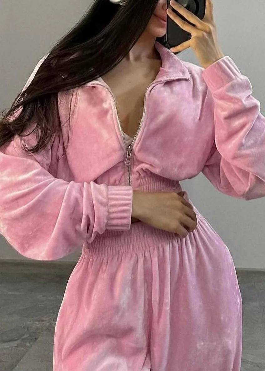 Loose Pink Zip Up Elastic Waist Coat And Pants Silk Velvet Two-Piece Set Spring - Image 2
