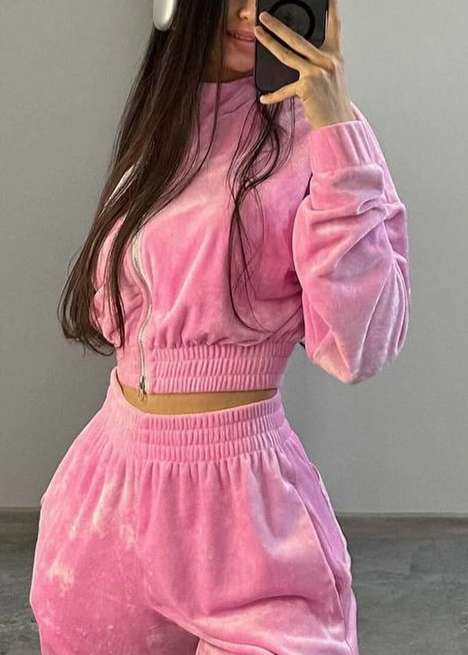Loose Pink Zip Up Elastic Waist Coat And Pants Silk Velvet Two-Piece Set Spring - Image 3
