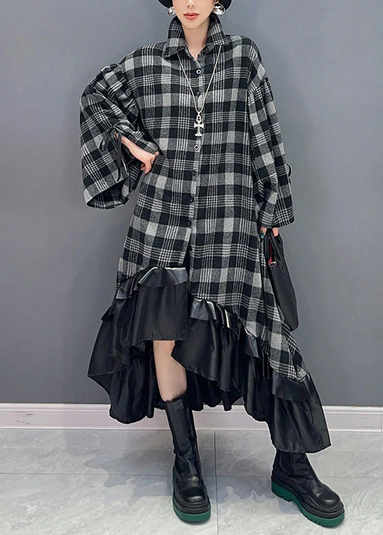 Loose Plaid Asymmetrical Patchwork Cotton Dress Long Sleeve - Image 2