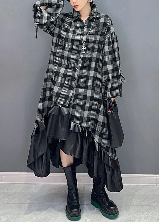 Loose Plaid Asymmetrical Patchwork Cotton Dress Long Sleeve - Image 3