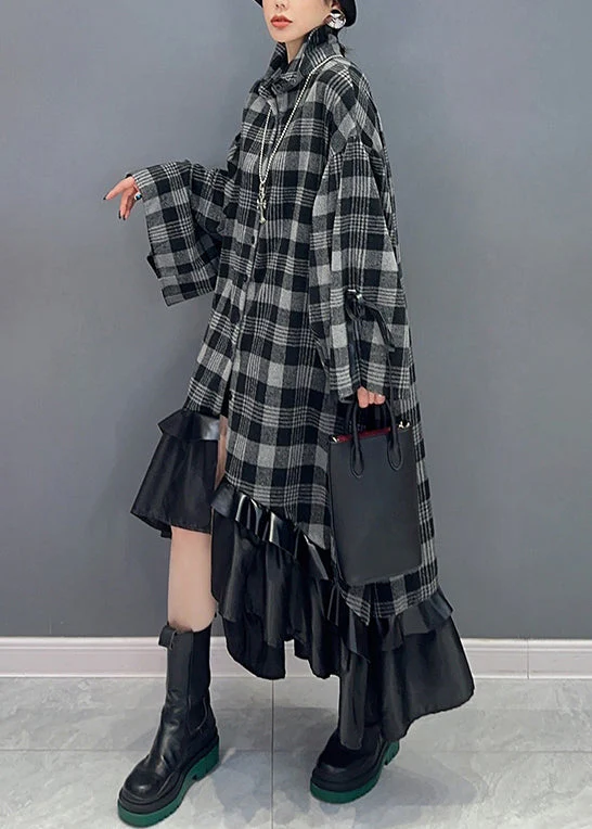 Loose Plaid Asymmetrical Patchwork Cotton Dress Long Sleeve - Image 4