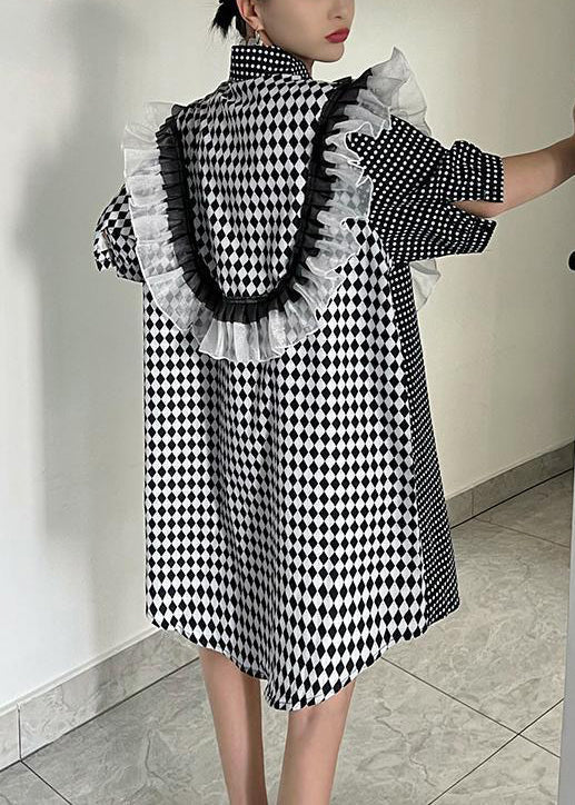 Loose Plaid Asymmetrical Ruffled Cotton Shirts Dresses Summer - Image 5