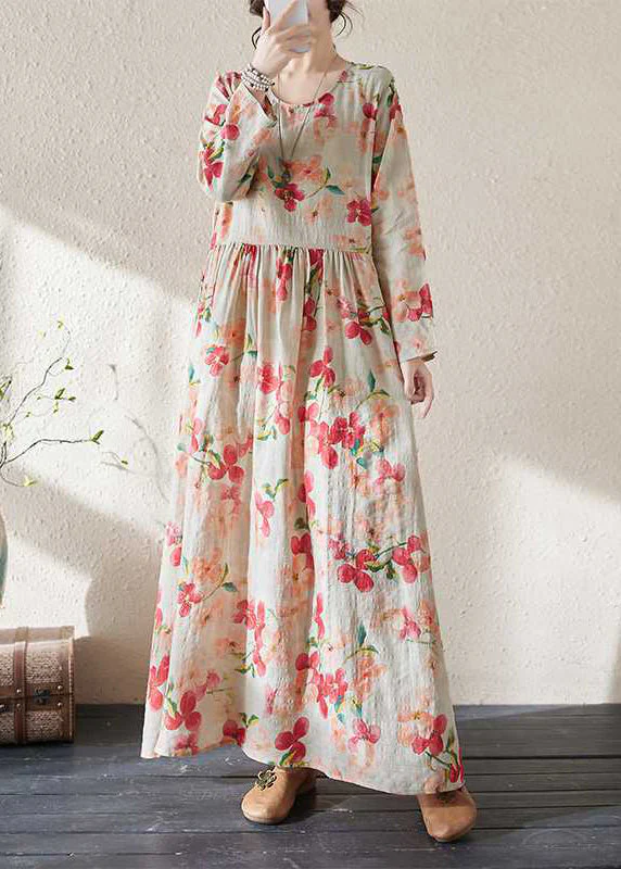 Loose Print Patchwor Wrinkled Maxi Dress Long Sleeve - Image 3