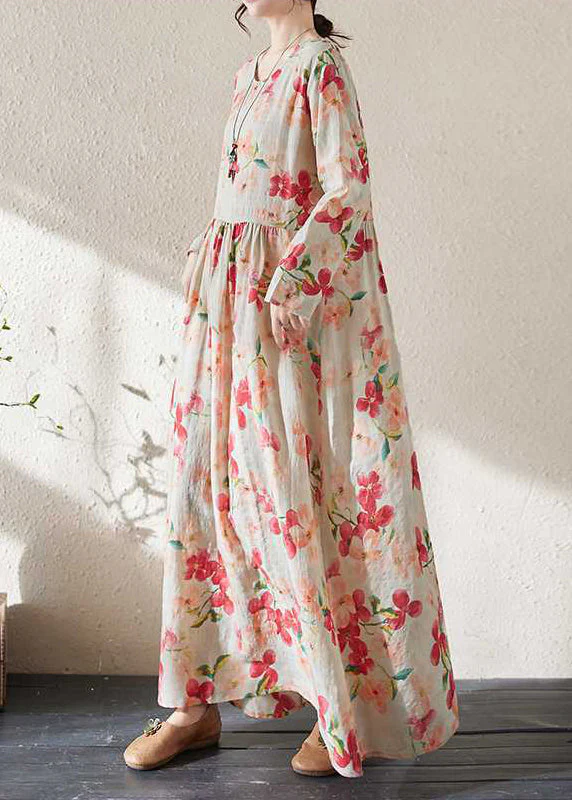 Loose Print Patchwor Wrinkled Maxi Dress Long Sleeve - Image 4