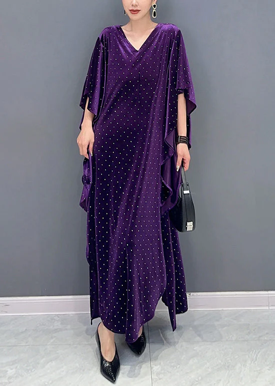 Loose Purple Asymmetrical Dot Patchwork Velour Long Dresses Fall - Image 2