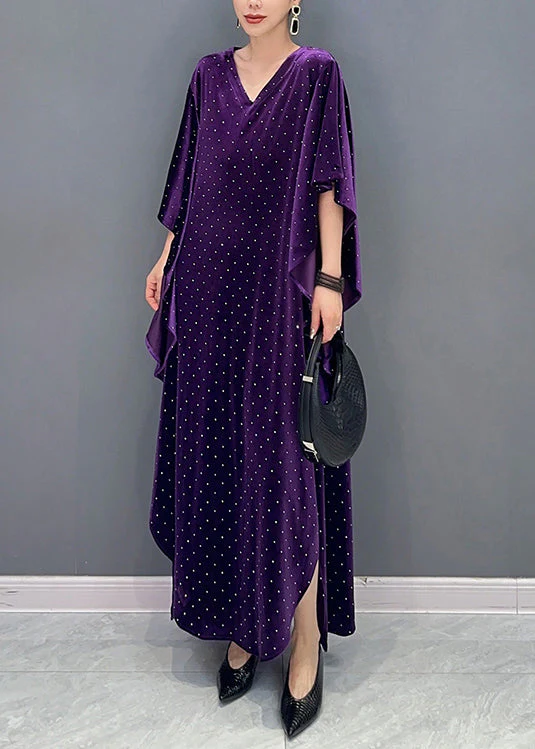 Loose Purple Asymmetrical Dot Patchwork Velour Long Dresses Fall - Image 3