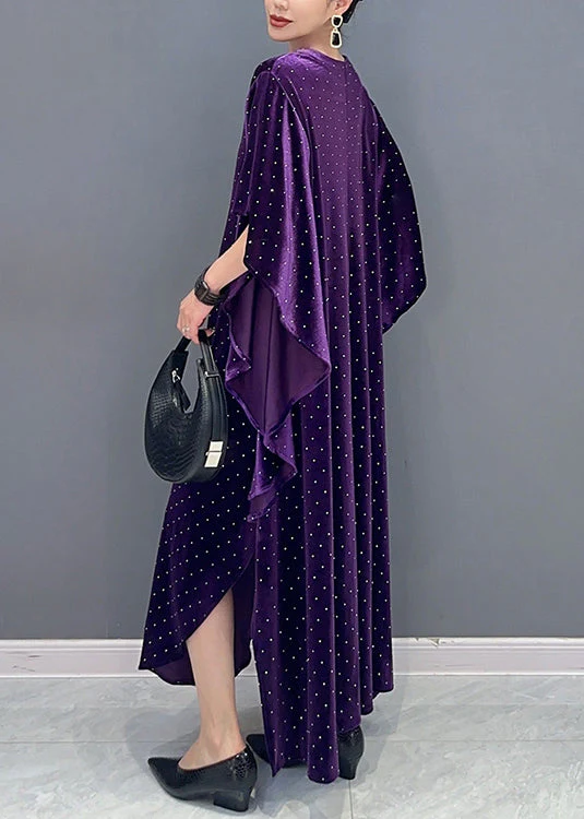 Loose Purple Asymmetrical Dot Patchwork Velour Long Dresses Fall - Image 4