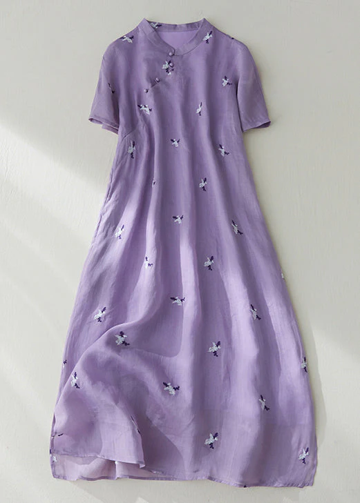 Loose Purple Embroidered Button Pockets Cotton Dress Summer - Image 2