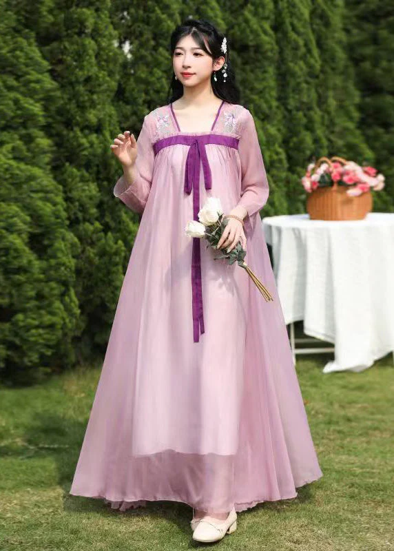 Loose Purple Embroideried Wrinkled Patchwork Chiffon Long Dresses Summer - Image 2