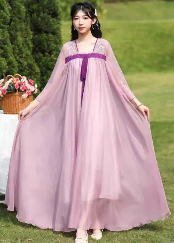 Loose Purple Embroideried Wrinkled Patchwork Chiffon Long Dresses Summer - Image 3