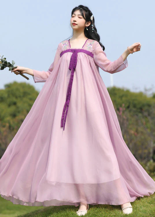 Loose Purple Embroideried Wrinkled Patchwork Chiffon Long Dresses Summer - Image 4