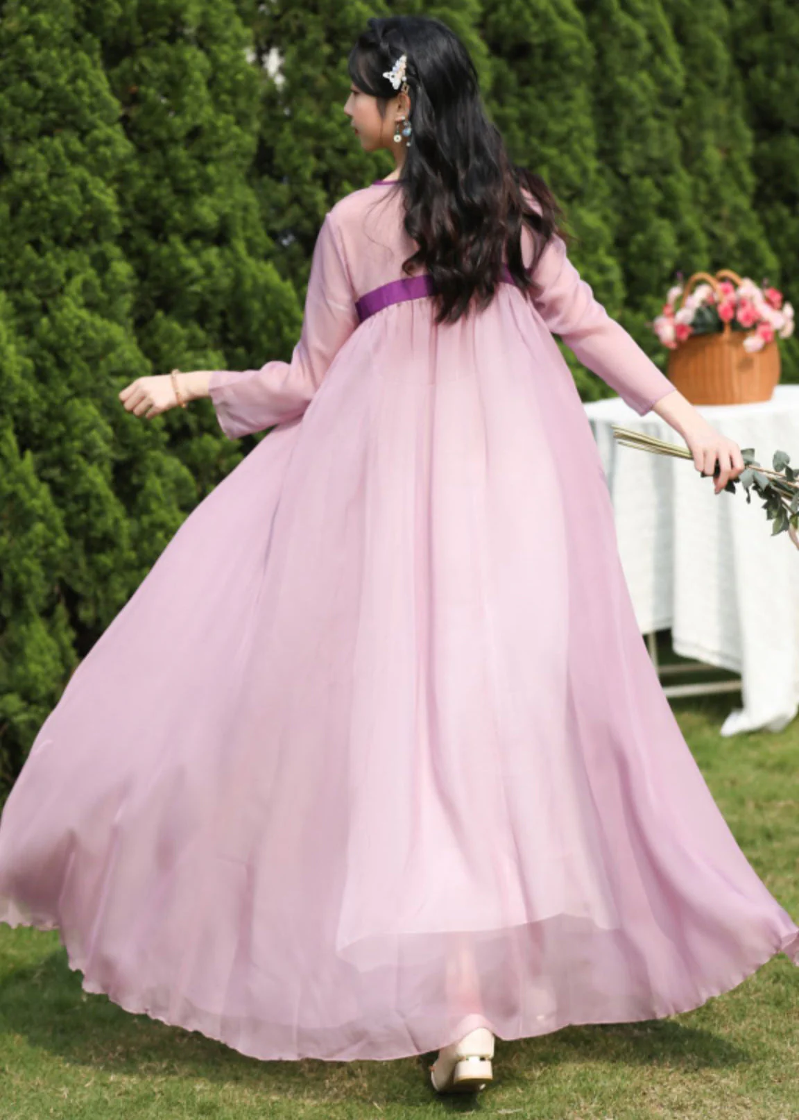Loose Purple Embroideried Wrinkled Patchwork Chiffon Long Dresses Summer - Image 5