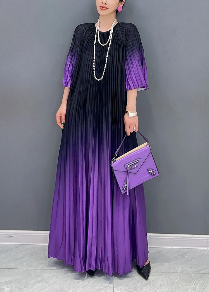 Loose Purple Gradient O Neck Wrinkled Cotton Long Dress Summer - Image 2