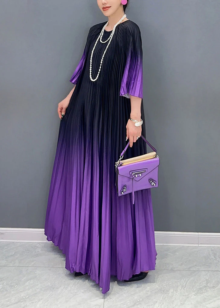 Loose Purple Gradient O Neck Wrinkled Cotton Long Dress Summer - Image 3