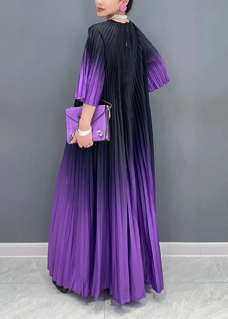 Loose Purple Gradient O Neck Wrinkled Cotton Long Dress Summer - Image 4