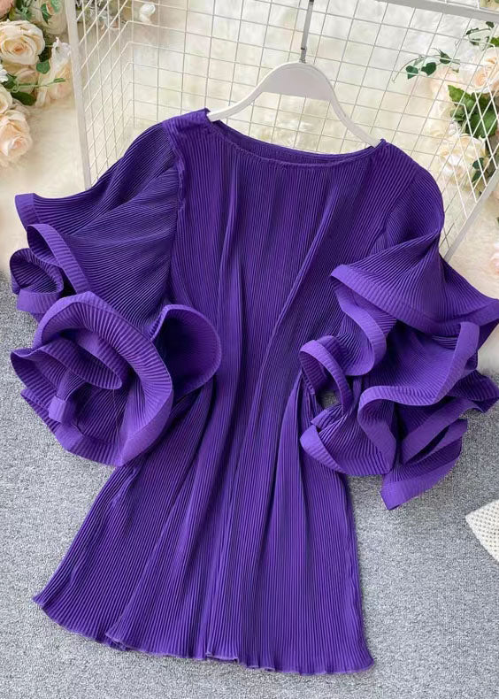 Loose Purple O-Neck Patchwork Chiffon Mini Dresses Butterfly Sleeve - Image 2