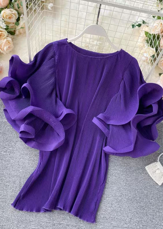 Loose Purple O-Neck Patchwork Chiffon Mini Dresses Butterfly Sleeve - Image 3
