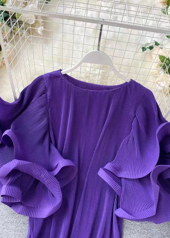 Loose Purple O-Neck Patchwork Chiffon Mini Dresses Butterfly Sleeve - Image 4