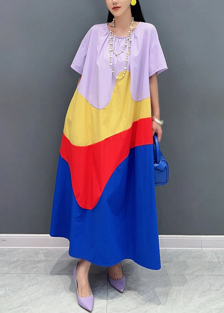 Loose Purple O Neck Patchwork Cotton Long Dress Summer - Image 2