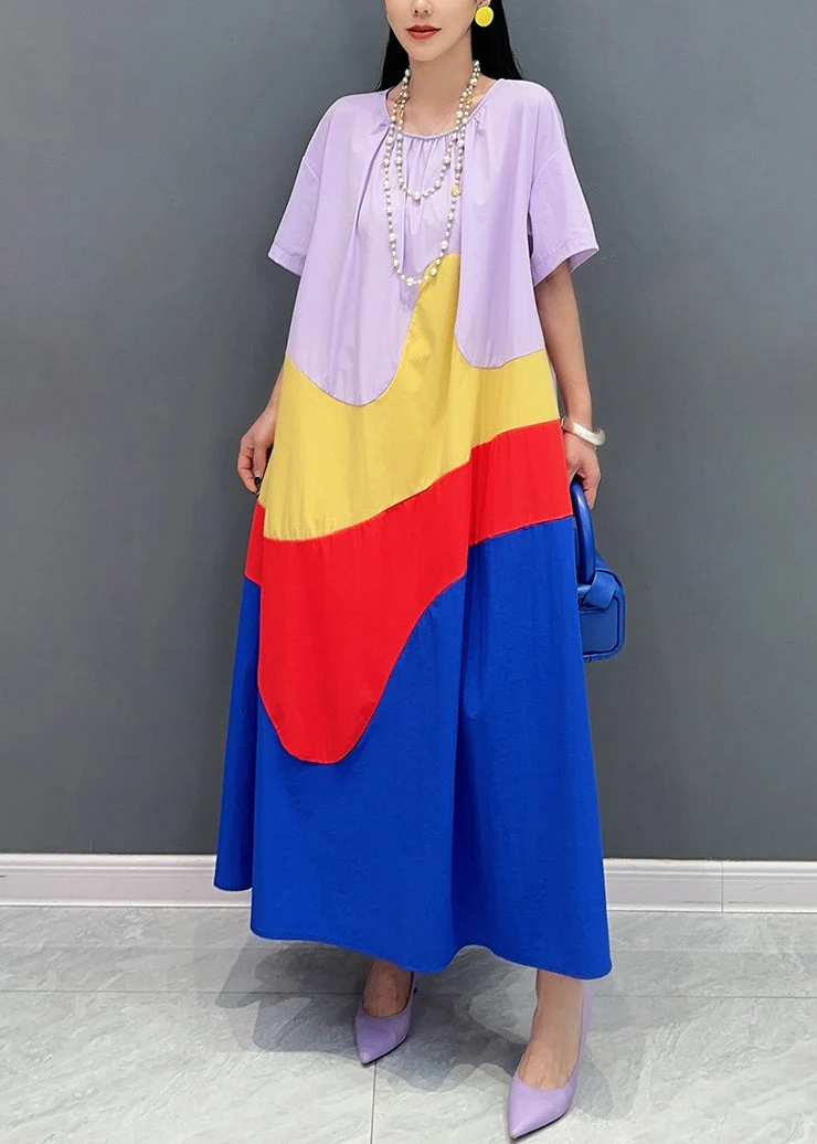 Loose Purple O Neck Patchwork Cotton Long Dress Summer - Image 3