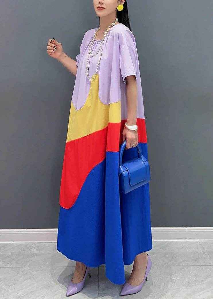 Loose Purple O Neck Patchwork Cotton Long Dress Summer - Image 4