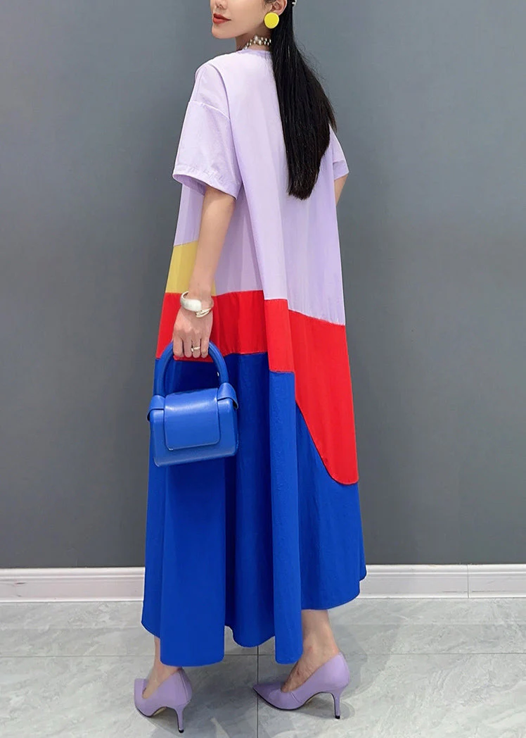 Loose Purple O Neck Patchwork Cotton Long Dress Summer - Image 5