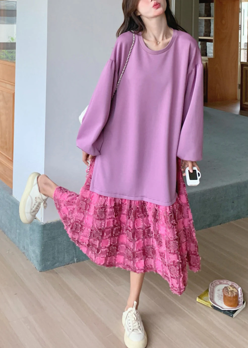 Loose Purple O-Neck Plaid Maxi Dress Spring - Image 2