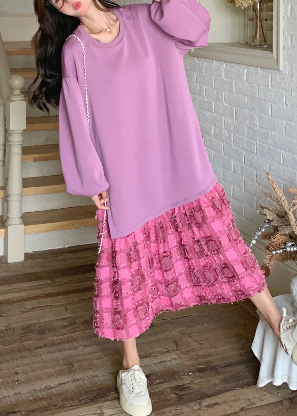 Loose Purple O-Neck Plaid Maxi Dress Spring - Image 5