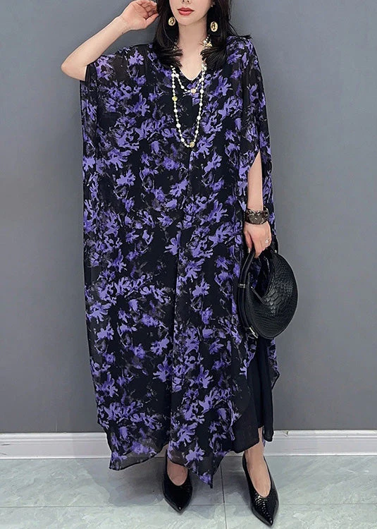 Loose Purple O-Neck Print Maxi Dress Summer - Image 2