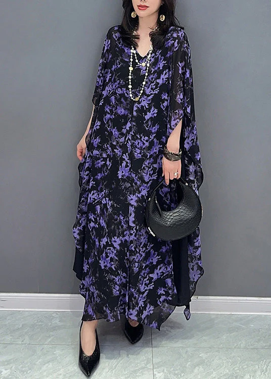 Loose Purple O-Neck Print Maxi Dress Summer - Image 3