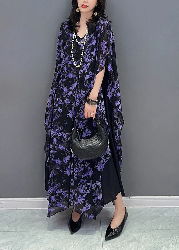 Loose Purple O-Neck Print Maxi Dress Summer - Image 4