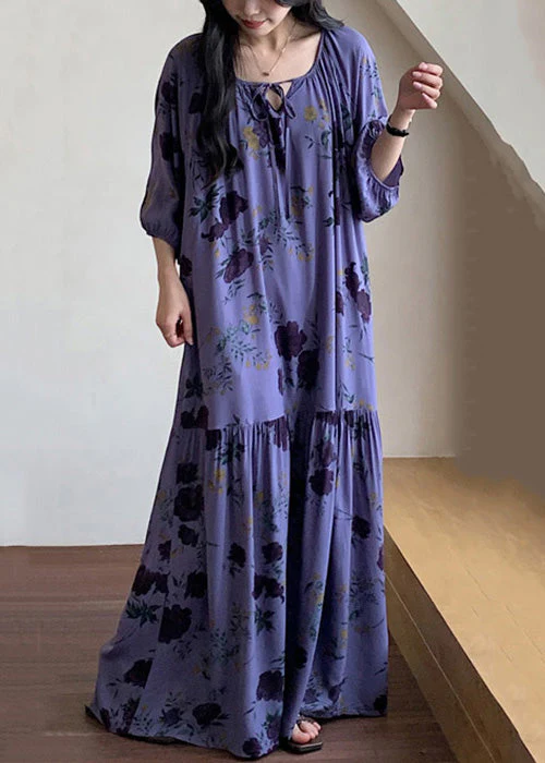 Loose Purple O Neck Print Wrinkled Cotton Pajamas Dresses Summer - Image 2