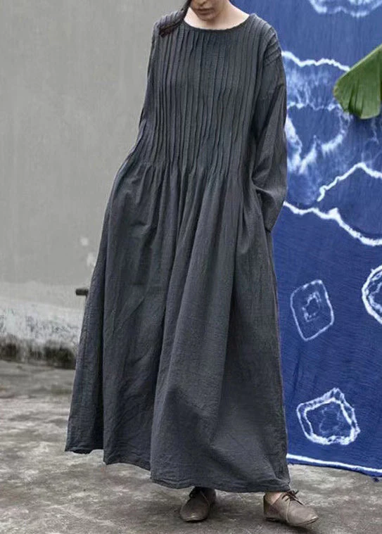 Loose Purple O Neck Wrinkled Linen Long Dress Long Sleeve - Image 2