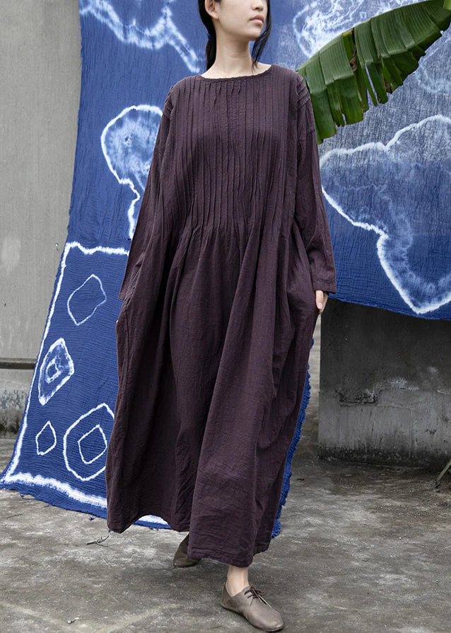Loose Purple O Neck Wrinkled Linen Long Dress Long Sleeve - Image 3