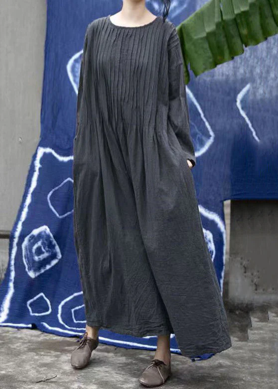Loose Purple O Neck Wrinkled Linen Long Dress Long Sleeve - Image 4