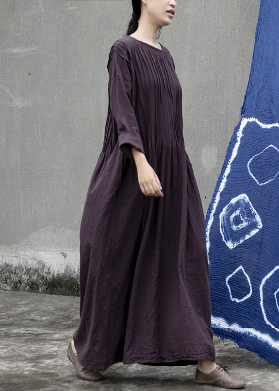 Loose Purple O Neck Wrinkled Linen Long Dress Long Sleeve - Image 5
