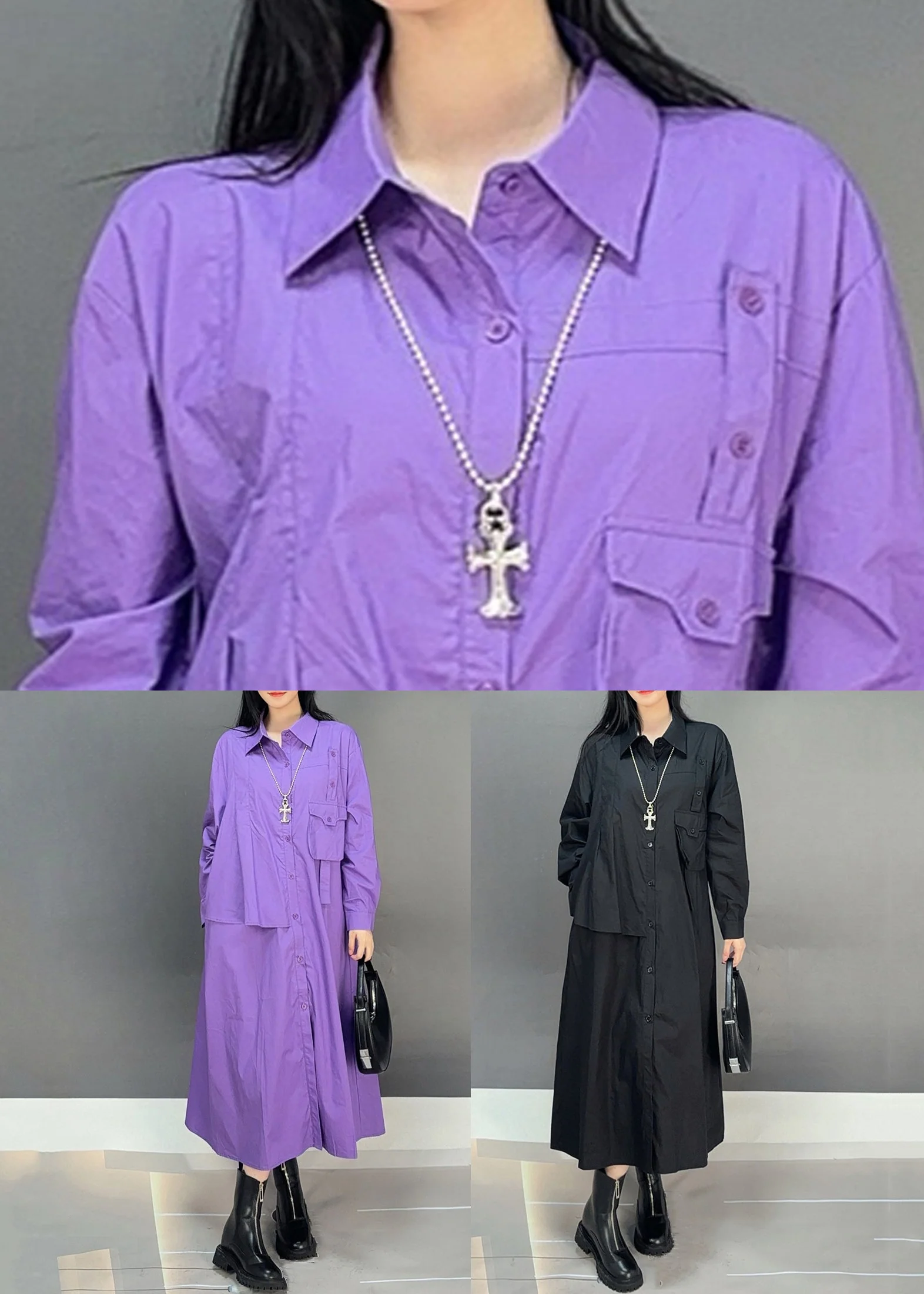 Loose Purple Peter Pan Collar Button Cotton Shirts Dress Fall - Image 5