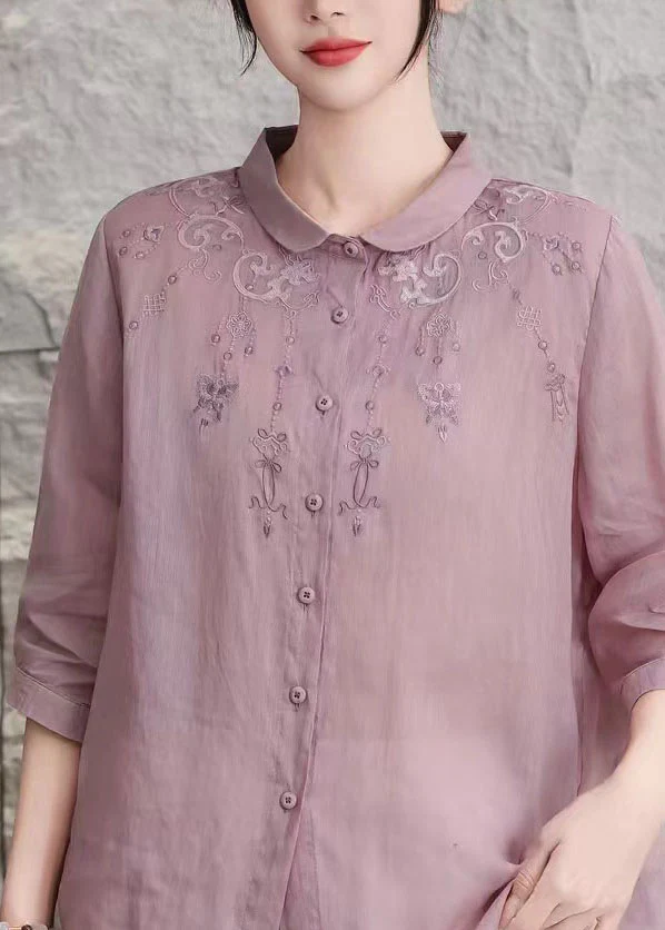 Loose Purple Peter Pan Collar Embroidered Linen Top Summer - Image 5
