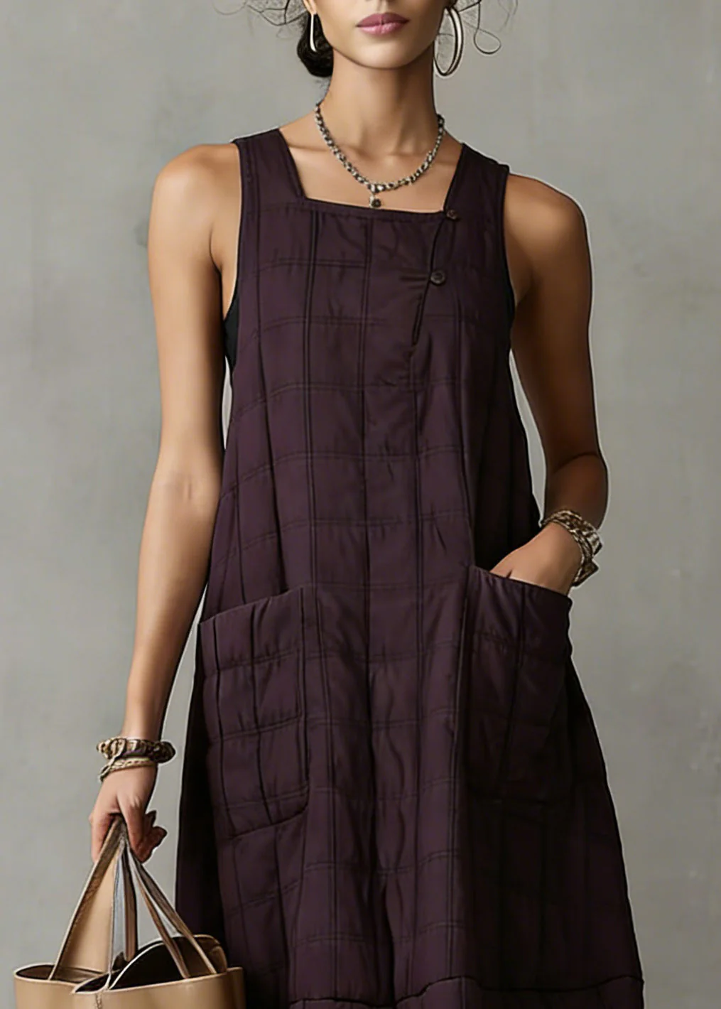 Loose Purple Plaid Pockets Solid Tank Dresses Sleeveless - Image 2