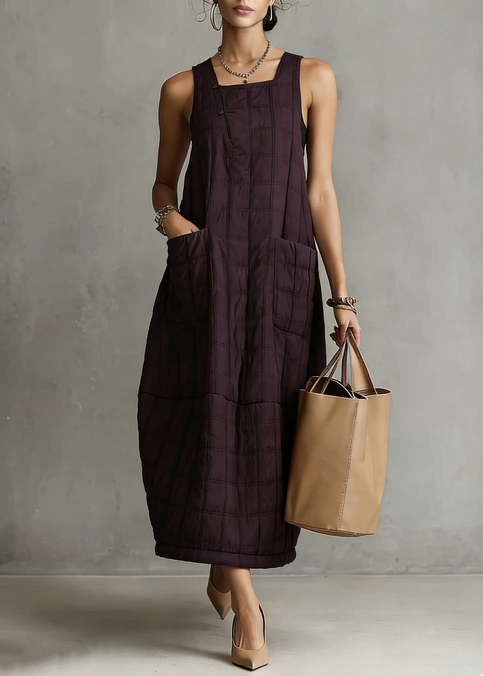 Loose Purple Plaid Pockets Solid Tank Dresses Sleeveless - Image 3
