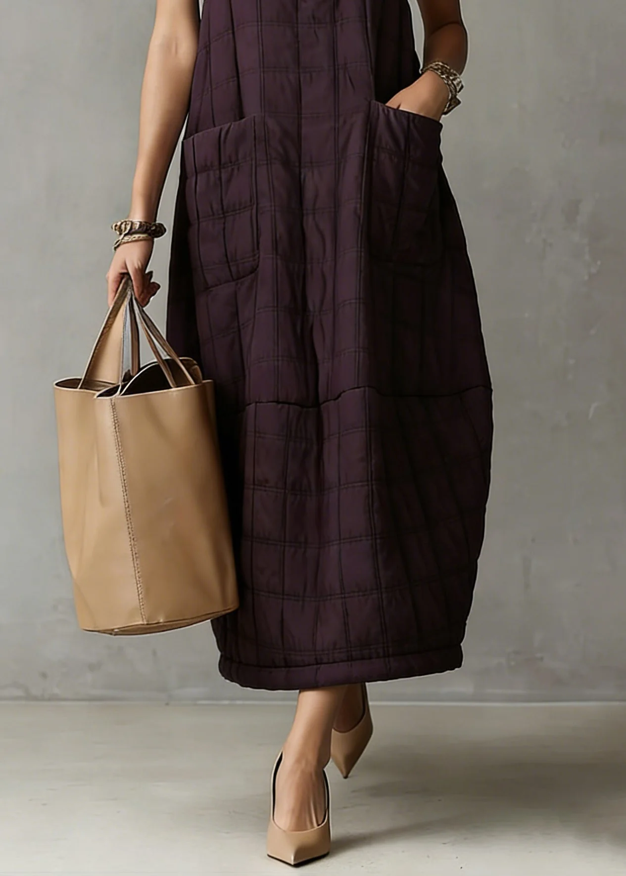 Loose Purple Plaid Pockets Solid Tank Dresses Sleeveless - Image 4