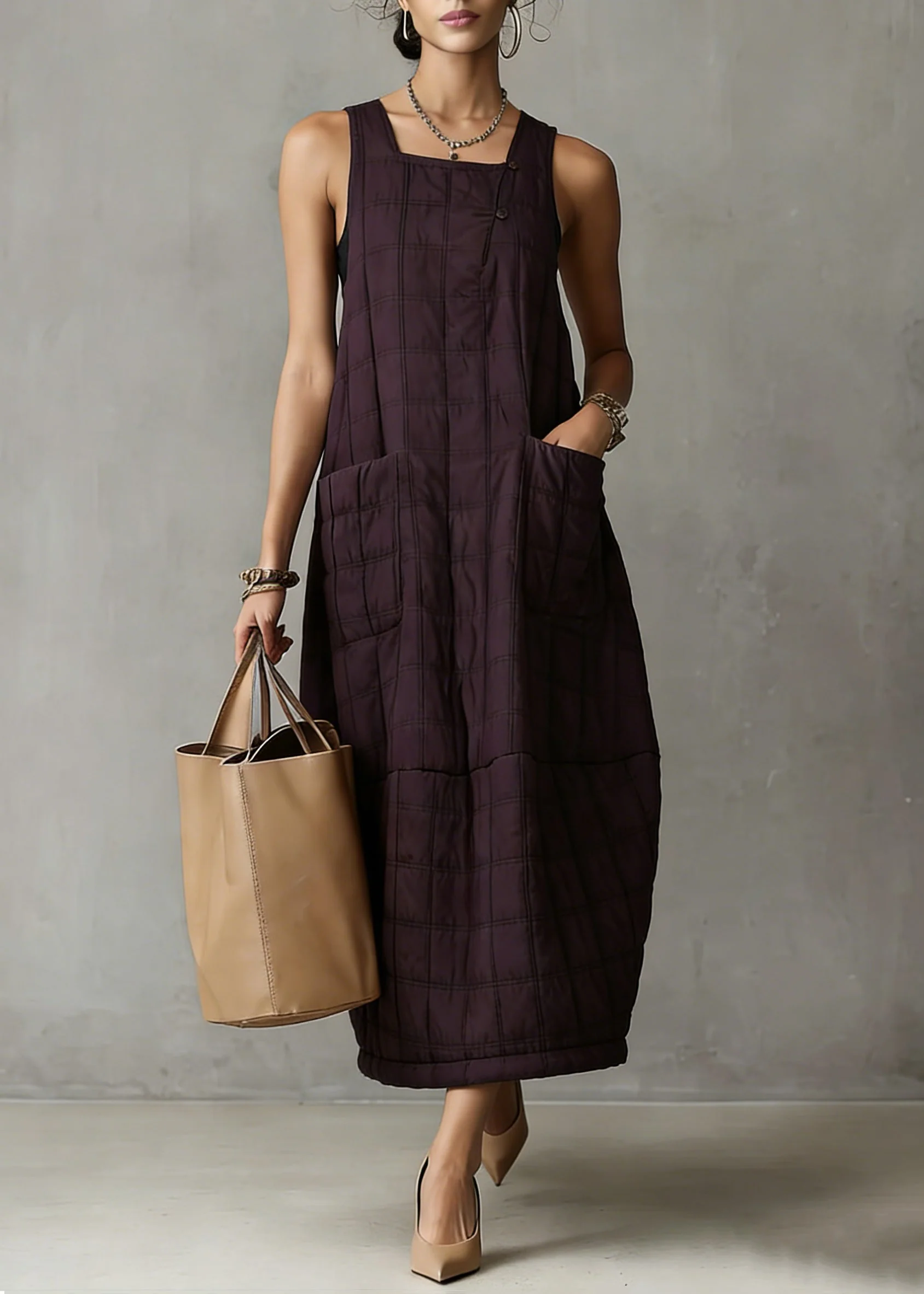 Loose Purple Plaid Pockets Solid Tank Dresses Sleeveless - Image 5