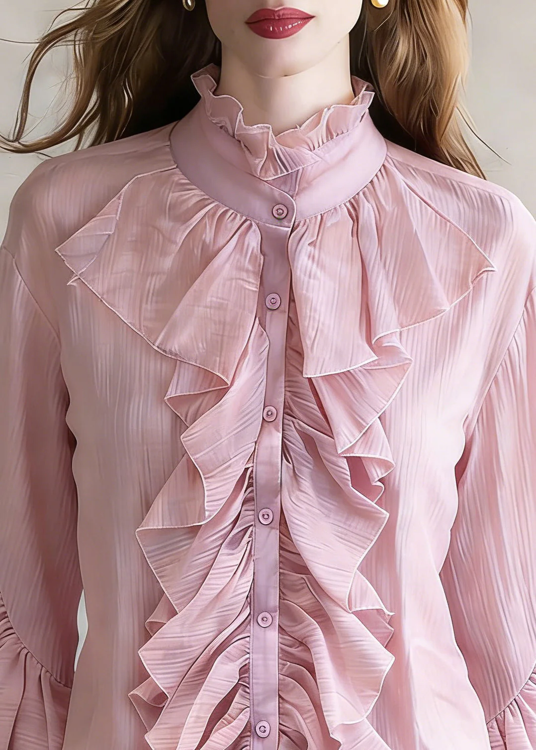 Loose Purple Ruffled Button Shirt Top Flare Sleeve - Image 2