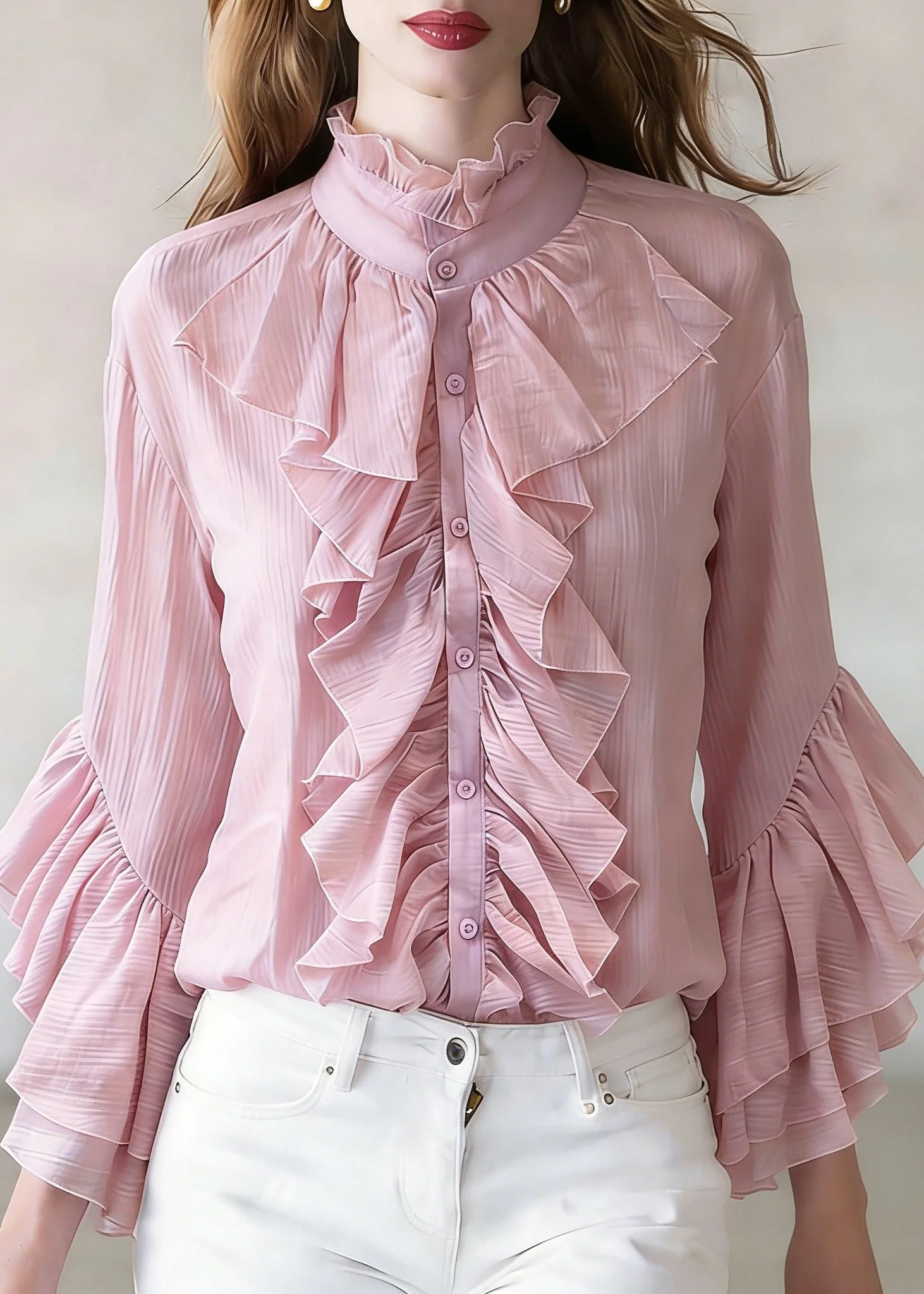 Loose Purple Ruffled Button Shirt Top Flare Sleeve - Image 3