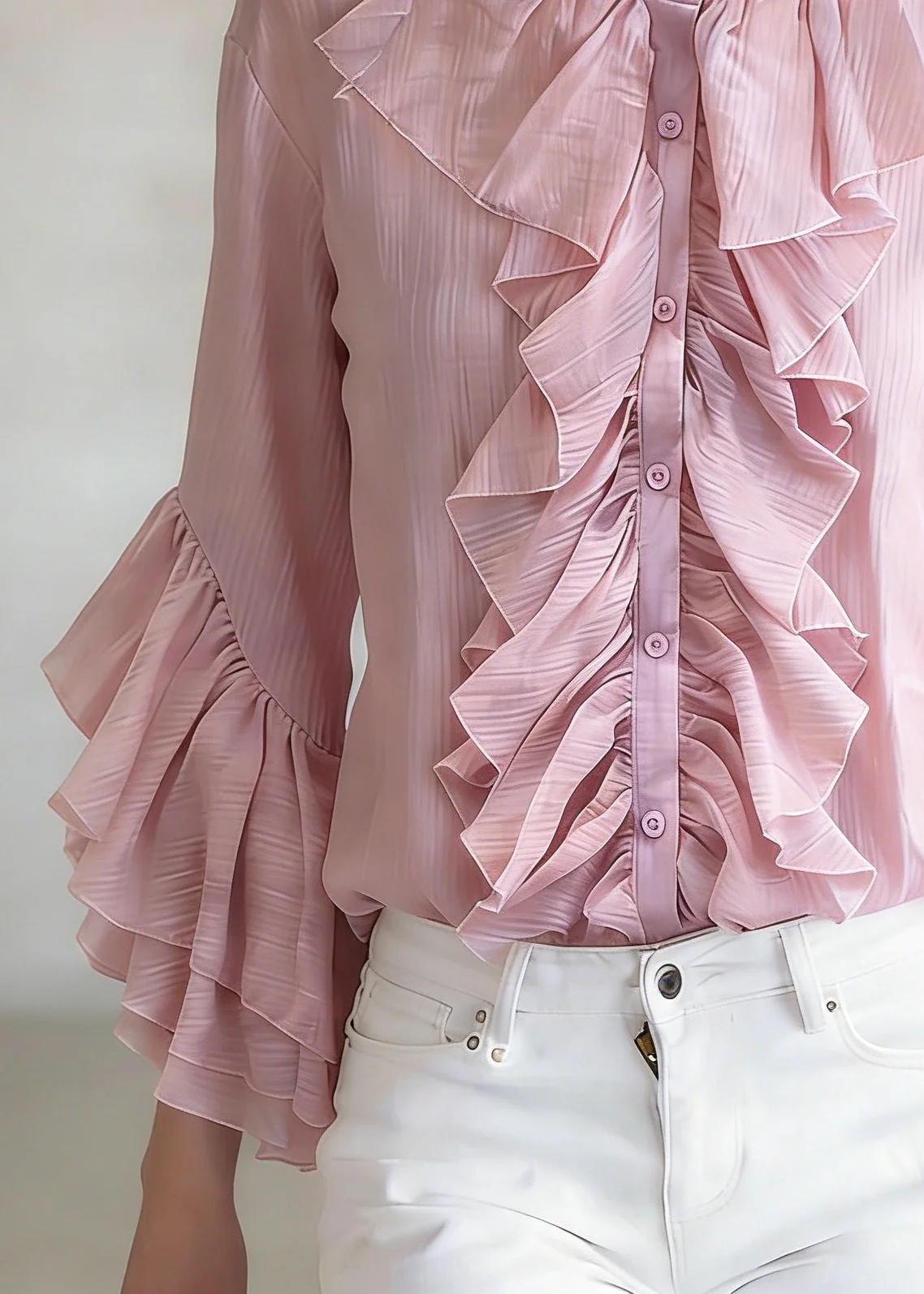 Loose Purple Ruffled Button Shirt Top Flare Sleeve - Image 4