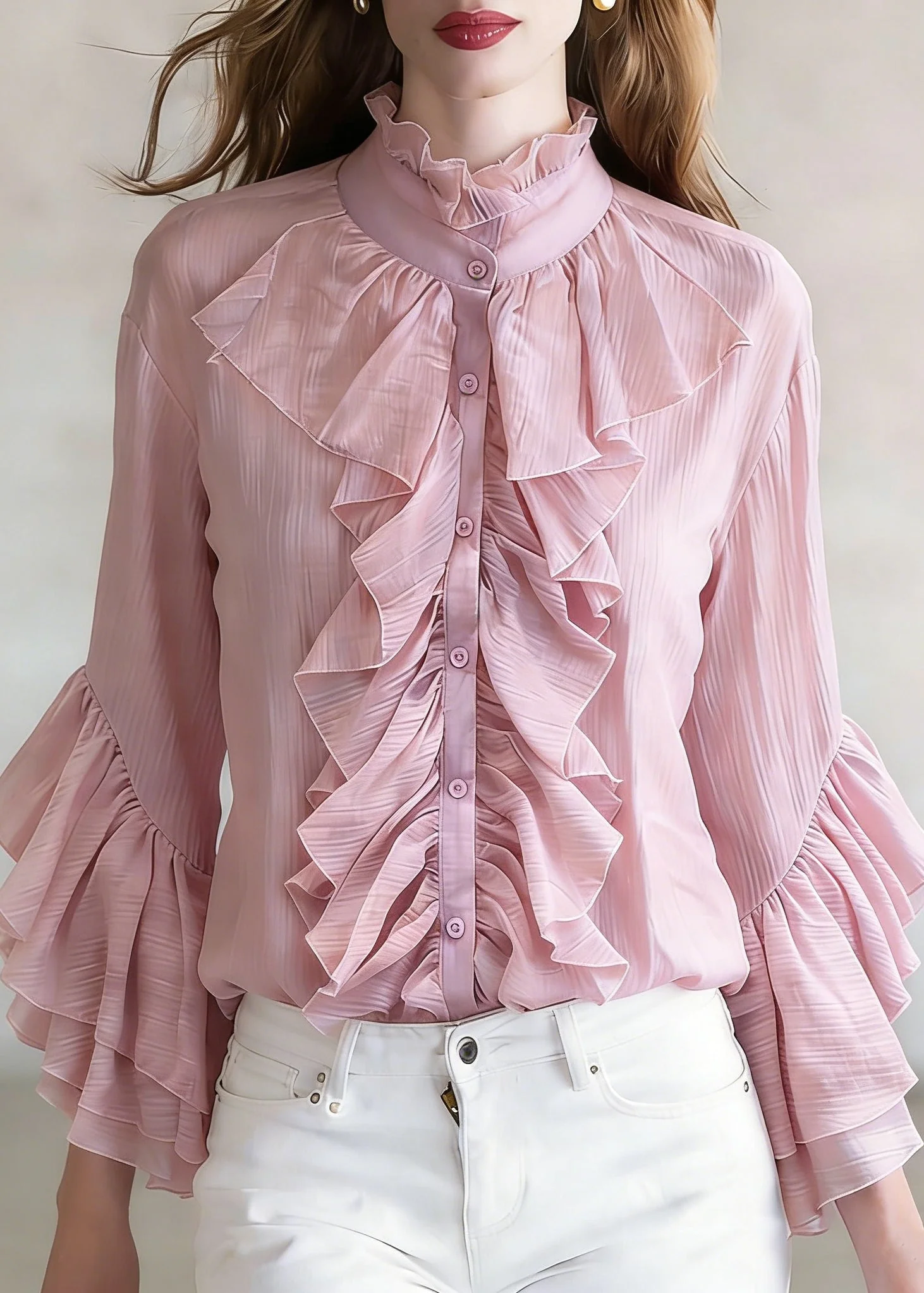 Loose Purple Ruffled Button Shirt Top Flare Sleeve - Image 5