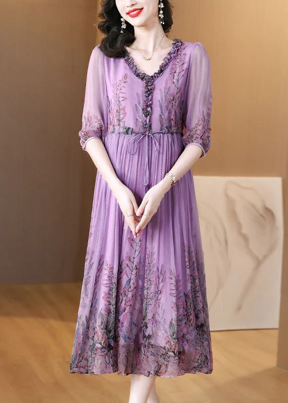 Loose Purple Ruffled Lace Up Print Chiffon Long Dress Half Sleeve - Image 2