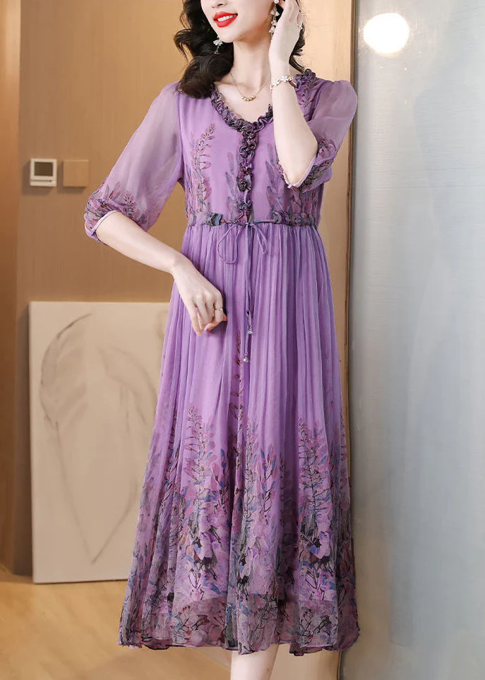 Loose Purple Ruffled Lace Up Print Chiffon Long Dress Half Sleeve - Image 3