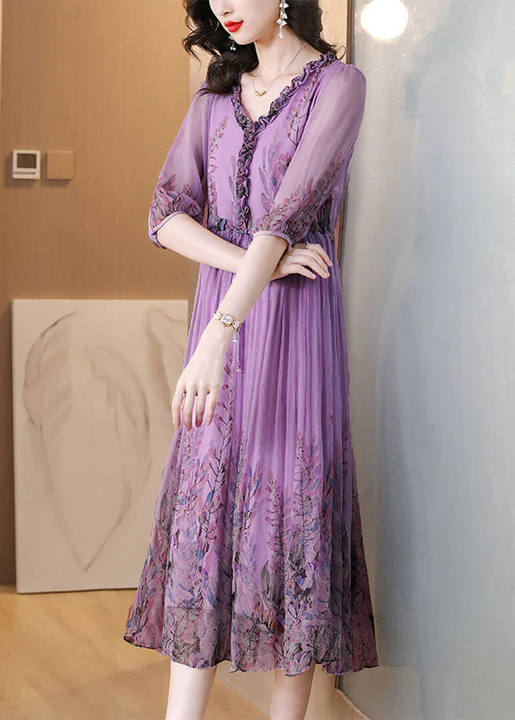 Loose Purple Ruffled Lace Up Print Chiffon Long Dress Half Sleeve - Image 4